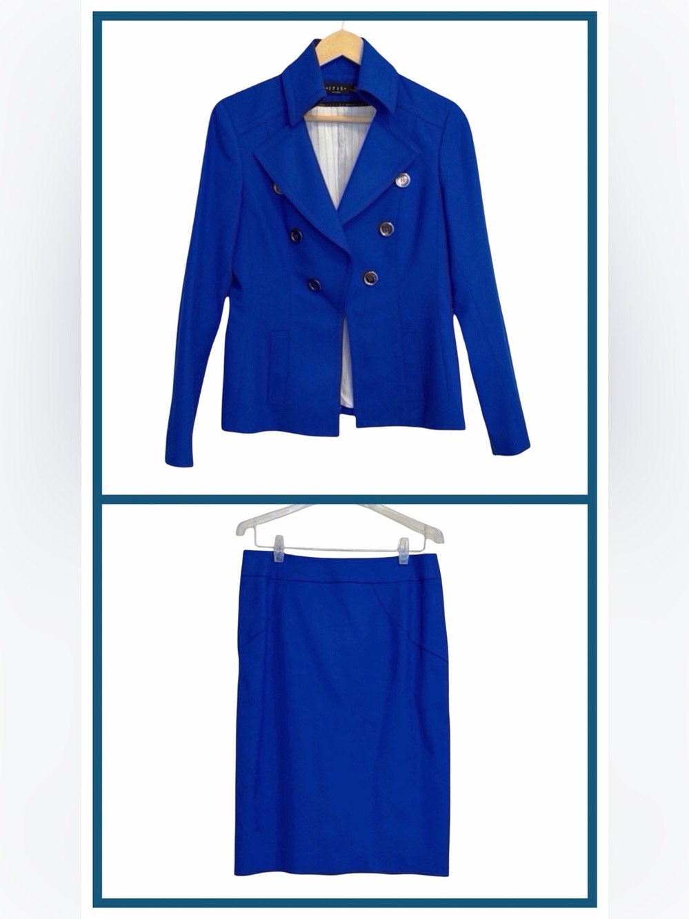 Iris Royal Blue Tailored Suit Set | Size 6 | Double-Breasted Blazer Pencil Skirt